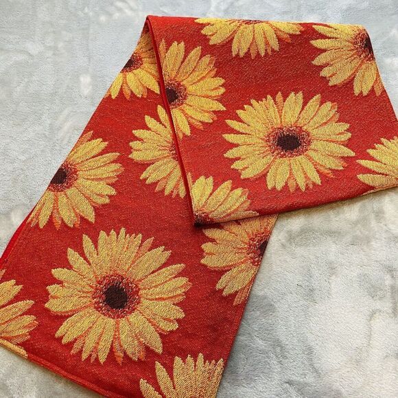 Daisy Woven Tapestry Table Runner 11.5"x72" Red Gold Harvest Fall Autumn Floral - Picture 1 of 4